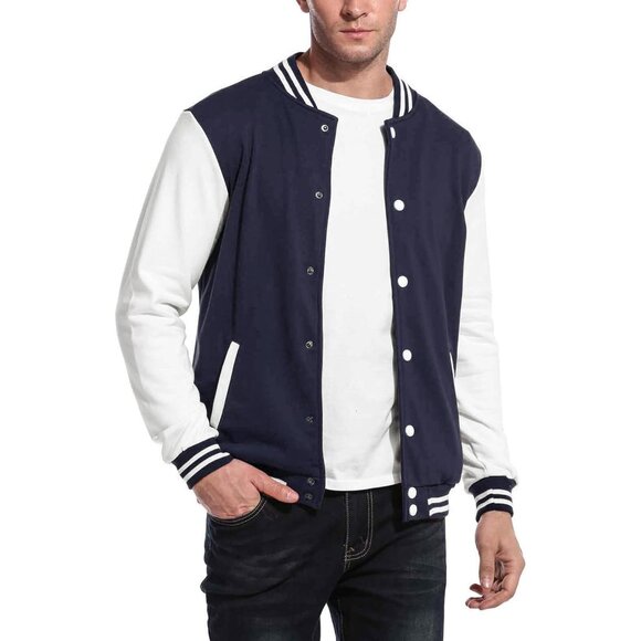 Men's Varsity Jacket Slim Fit Cotton Letterman Baseball Bomber Jackets Navy - Picture 1 of 4